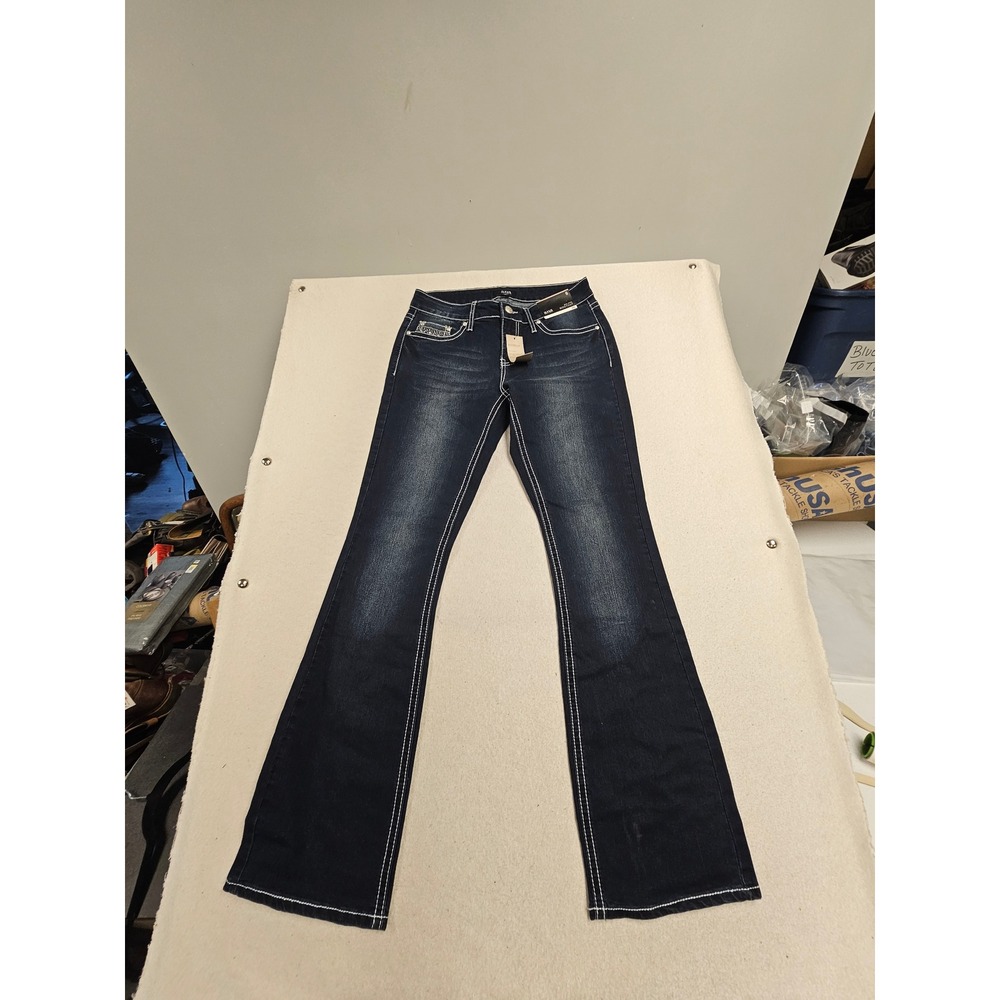 ANA A New Approach Women's Mid-Rise Bootcut Jeans Dark Wash Rhinestone Pocket 6